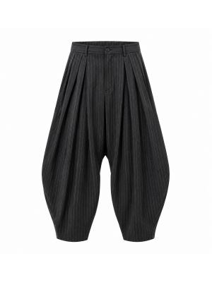 Men's Pinstripe Deep-Pleated Lantern Silhouette Drop-Crotch Trousers