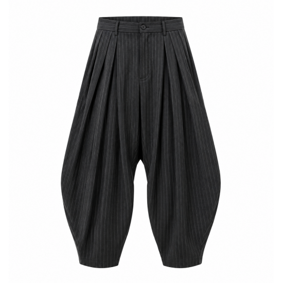 Men's Pinstripe Deep-Pleated Lantern Silhouette Drop-Crotch Trousers