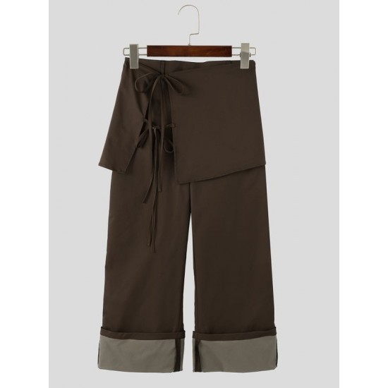 Men's Retro Party Ribbon Wrap Front Turn-Up Wide Cuff Loose Trousers