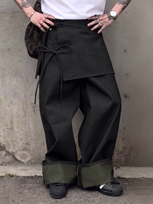 Men's Retro Party Ribbon Wrap Front Turn-Up Wide Cuff Loose Trousers