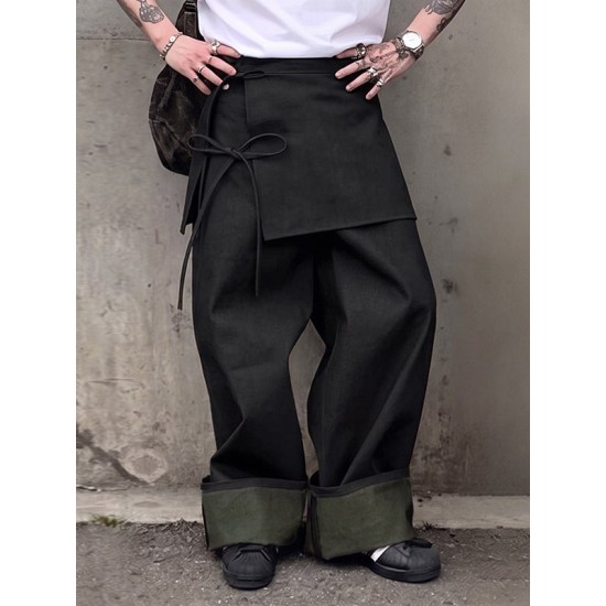 Men's Retro Party Ribbon Wrap Front Turn-Up Wide Cuff Loose Trousers