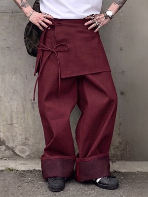 Men's Retro Party Ribbon Wrap Front Turn-Up Wide Cuff Loose Trousers