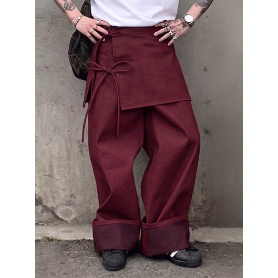 Men's Retro Party Ribbon Wrap Front Turn-Up Wide Cuff Loose Trousers