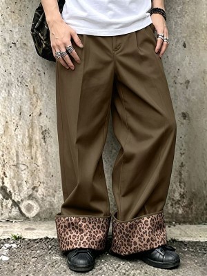 Men's Retro Leopard Turn-Up Cuff Pleated Full Length Wide Leg Trousers