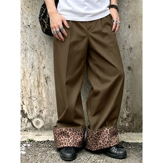 Men's Retro Leopard Turn-Up Cuff Pleated Full Length Wide Leg Trousers
