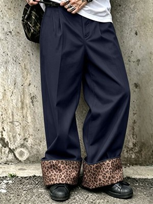 Men's Retro Leopard Turn-Up Cuff Pleated Full Length Wide Leg Trousers