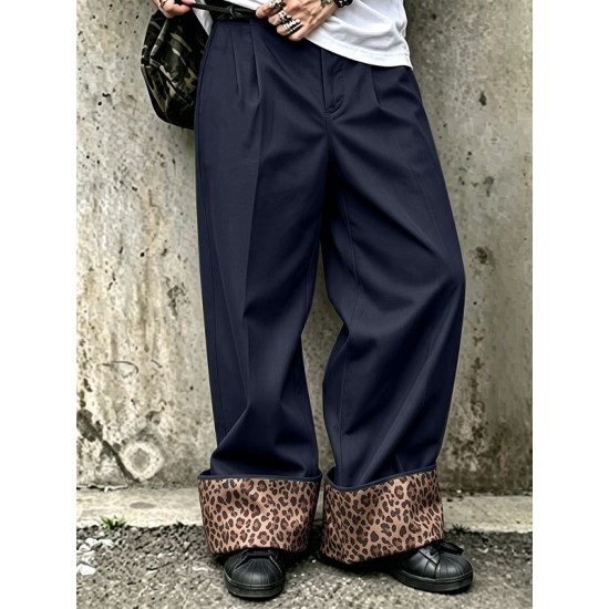Men's Retro Leopard Turn-Up Cuff Pleated Full Length Wide Leg Trousers