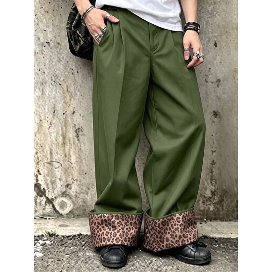 Men's Retro Leopard Turn-Up Cuff Pleated Full Length Wide Leg Trousers