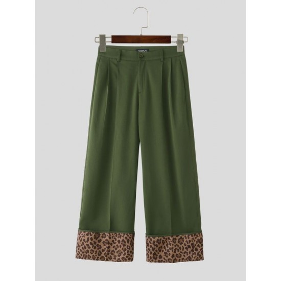 Men's Retro Leopard Turn-Up Cuff Pleated Full Length Wide Leg Trousers