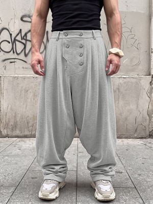 Men's Double Breasted Button Drop Crotch Pleated Full Length Harem Trousers