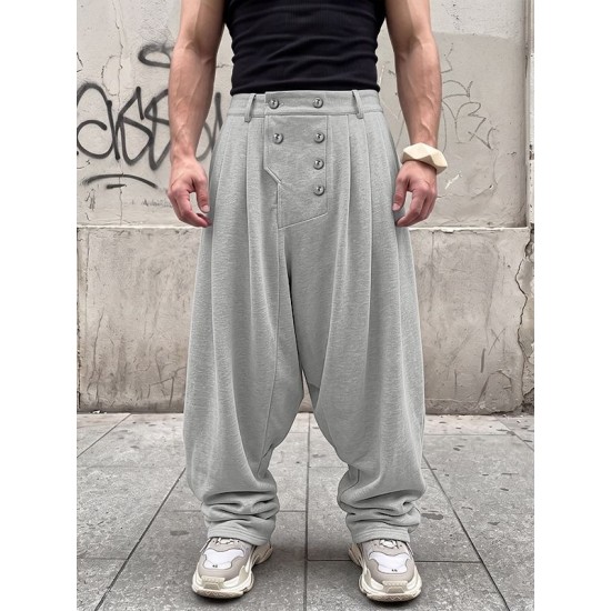 Men's Double Breasted Button Drop Crotch Pleated Full Length Harem Trousers