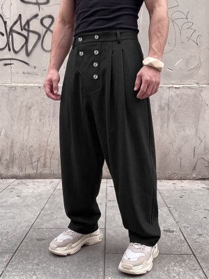 Men's Double Breasted Button Drop Crotch Pleated Full Length Harem Trousers