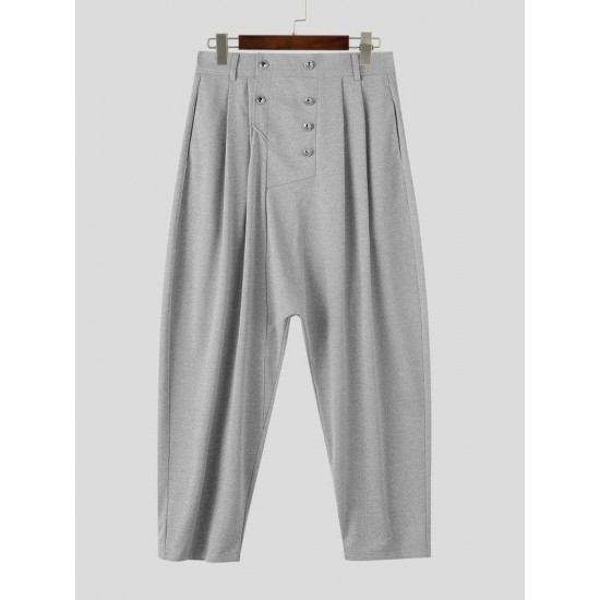 Men's Double Breasted Button Drop Crotch Pleated Full Length Harem Trousers