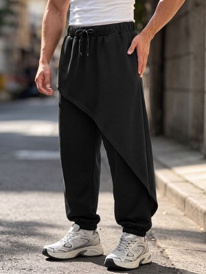 Men's Asymmetrical Diagonal Overlay Drawstring Elastic Waist Full Length Sweatpant