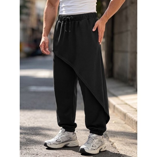 Men's Asymmetrical Diagonal Overlay Drawstring Elastic Waist Full Length Sweatpant