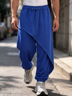 Men's Asymmetrical Diagonal Overlay Drawstring Elastic Waist Full Length Sweatpant