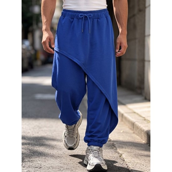 Men's Asymmetrical Diagonal Overlay Drawstring Elastic Waist Full Length Sweatpant