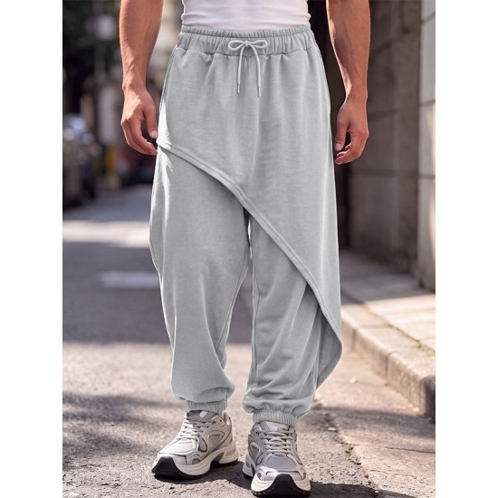 Men's Asymmetrical Diagonal Overlay Drawstring Elastic Waist Full Length Sweatpant
