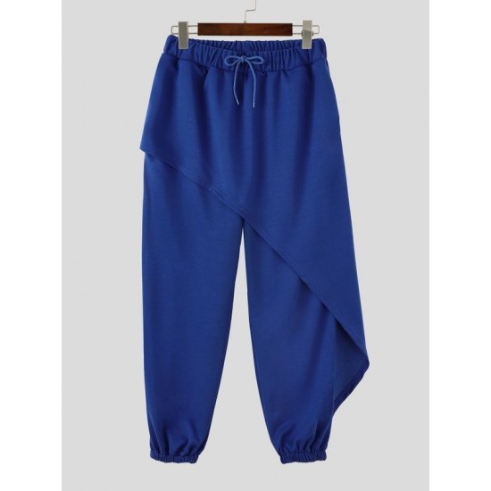 Men's Asymmetrical Diagonal Overlay Drawstring Elastic Waist Full Length Sweatpant