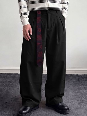 Men's Retro Paisley Streamer Belt Double Pleated Front Full Length Wide Leg Trousers