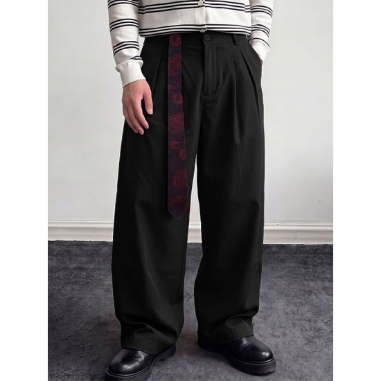 Men's Retro Paisley Streamer Belt Double Pleated Front Full Length Wide Leg Trousers