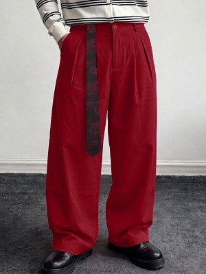 Men's Retro Paisley Streamer Belt Double Pleated Front Full Length Wide Leg Trousers