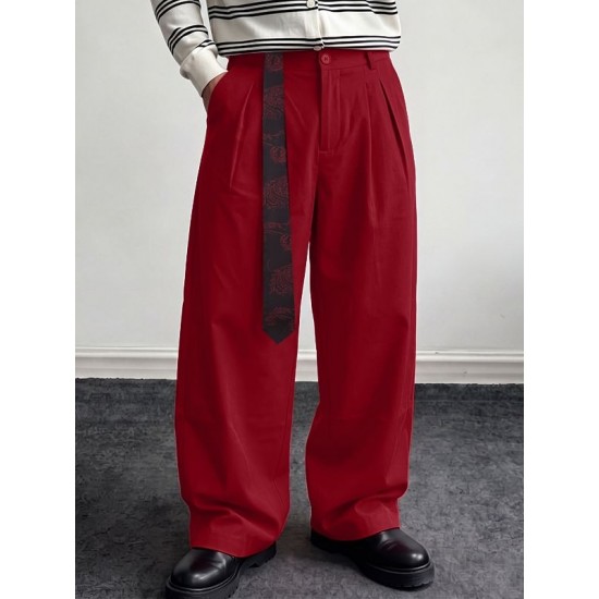 Men's Retro Paisley Streamer Belt Double Pleated Front Full Length Wide Leg Trousers