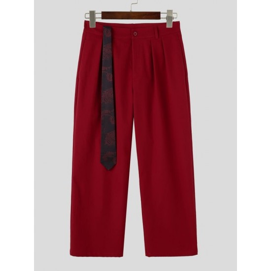 Men's Retro Paisley Streamer Belt Double Pleated Front Full Length Wide Leg Trousers