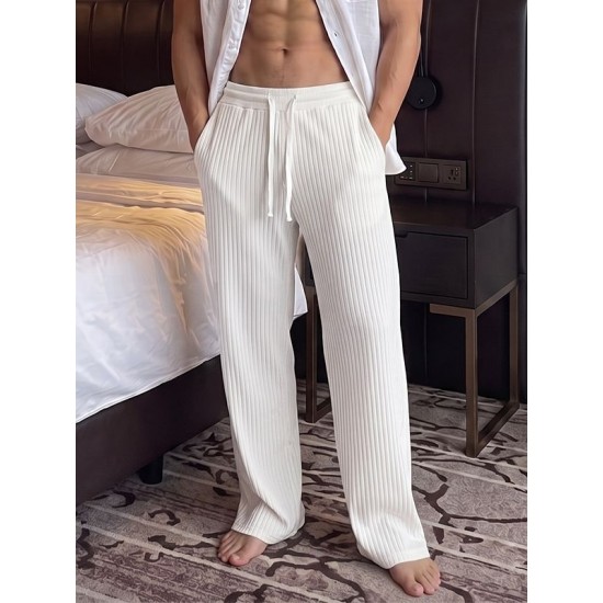 Men's Wide Ribbed Texture Drawstring Elastic Waist Lounge Trousers