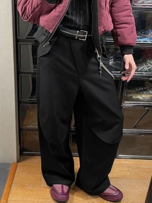 Men's Curved Flap Overlay Rivet Detail Baggy Floor Length Wide Leg Trousers