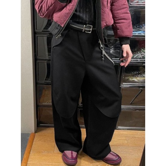 Men's Curved Flap Overlay Rivet Detail Baggy Floor Length Wide Leg Trousers