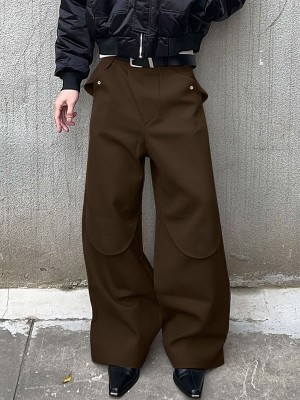 Men's Curved Flap Overlay Rivet Detail Baggy Floor Length Wide Leg Trousers