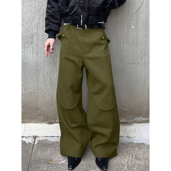 Men's Curved Flap Overlay Rivet Detail Baggy Floor Length Wide Leg Trousers