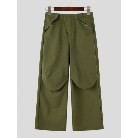 Men's Curved Flap Overlay Rivet Detail Baggy Floor Length Wide Leg Trousers