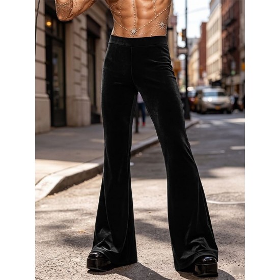 Men's Retro Disco Lustrous Velvet Bell Bottom Floor Length Flared Trousers