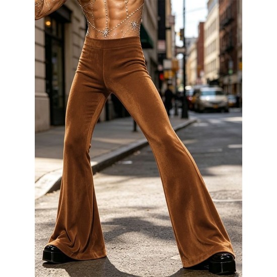 Men's Retro Disco Lustrous Velvet Bell Bottom Floor Length Flared Trousers