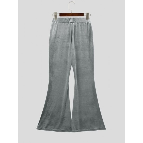 Men's Retro Disco Lustrous Velvet Bell Bottom Floor Length Flared Trousers