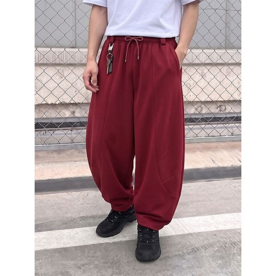 Men's Urban Casual Curved Dart Seam Heavyweight Drawstring Waist Full Length Trousers