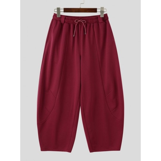 Men's Urban Casual Curved Dart Seam Heavyweight Drawstring Waist Full Length Trousers